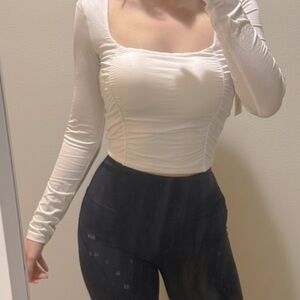 Aritzia White Ruched Square Neck Long Sleeve Crop Top